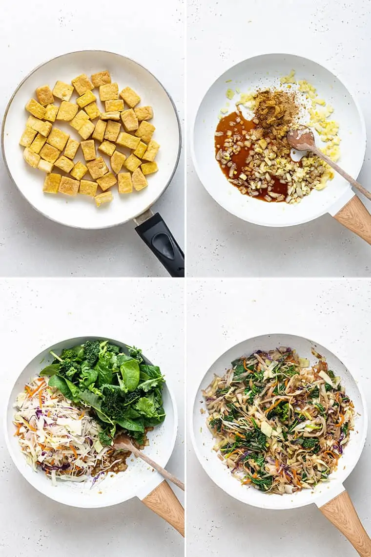 overhead of four images cooking tofu and egg roll stir fry