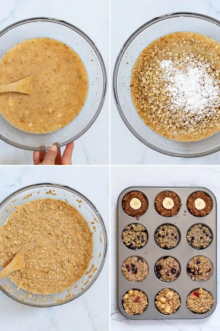 collage of overhead images of how to make baked oatmeal cups