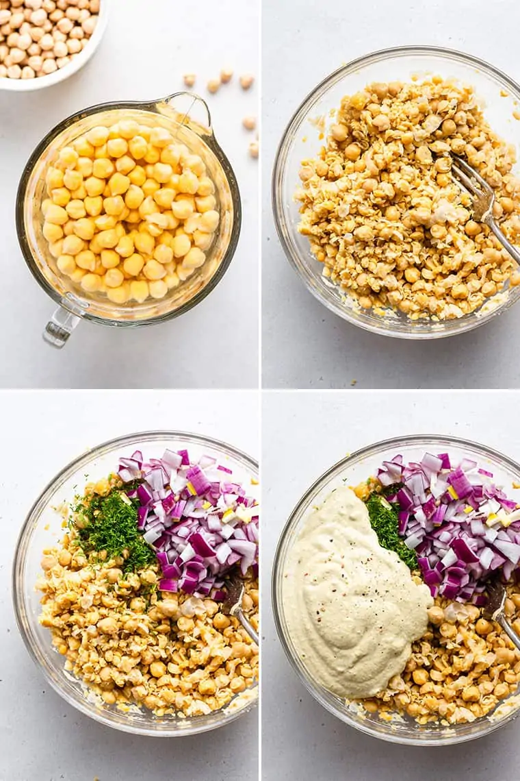 overhead of the steps to mix smashed chickpea salad with caesar dressing