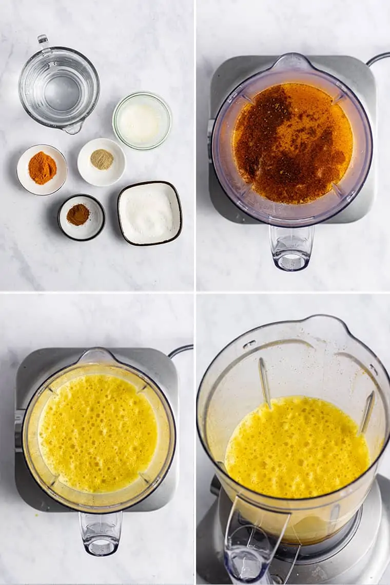 overhead collage of the steps to make golden milk latte in a blender