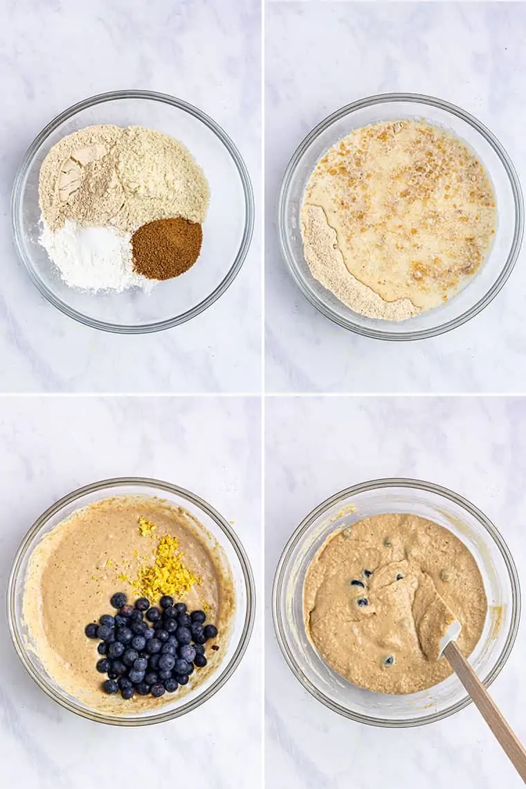 four photo collage of a glass bowl mixing batter for lemon blueberry pancakes