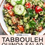 overhead white bowl quinoa tabbouleh salad