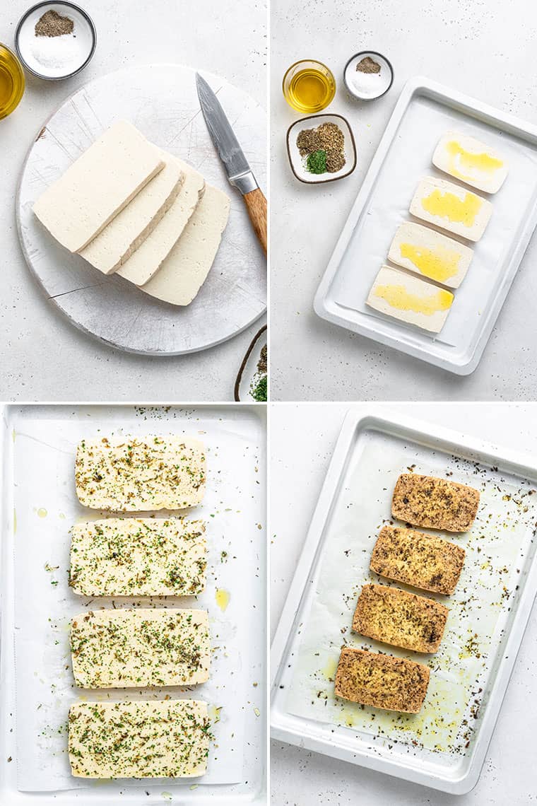 collage of overhead images of how to bake tofu for nicoise salad with seasonings and olive oil