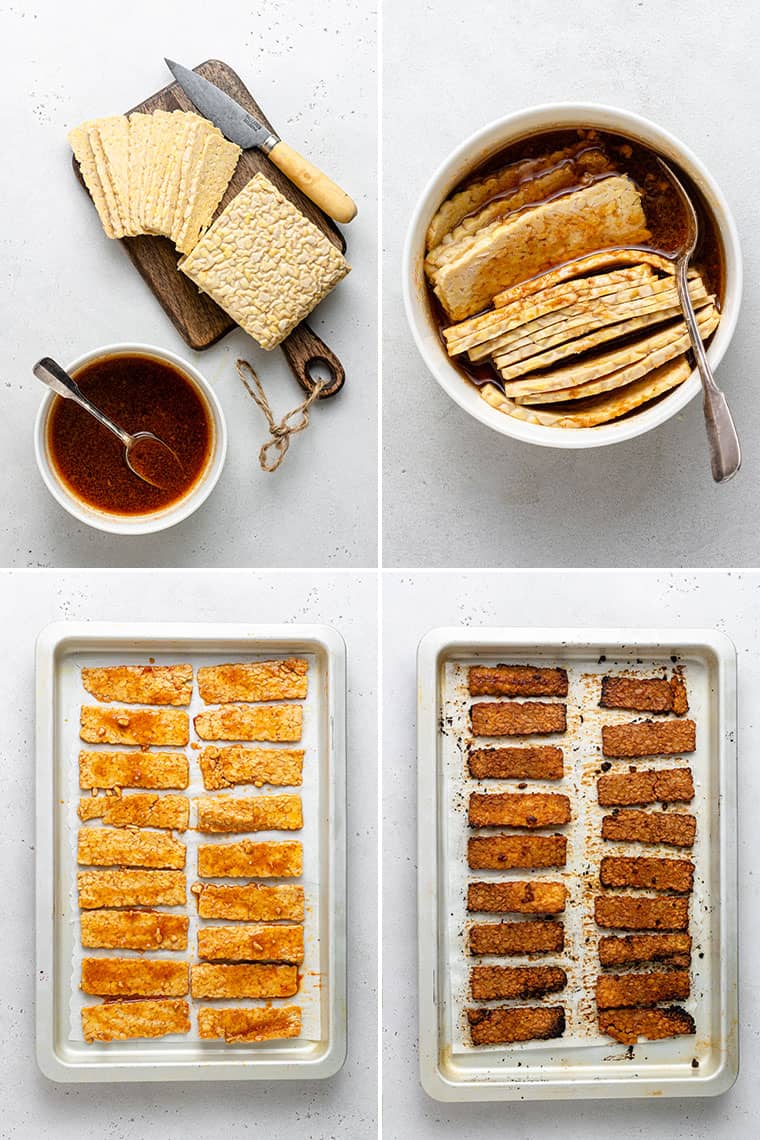 overhead of the steps to make tempeh bacon on a baking sheet in the oven