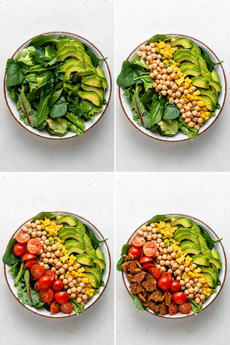 overhead collage images of how to assemble vegan cobb salad with chickpeas, vegetables, corn and tempeh bacon on lettuce