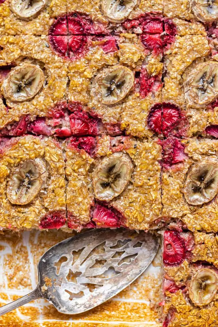 overhead of a baking dish with slices of banana baked oatmeal