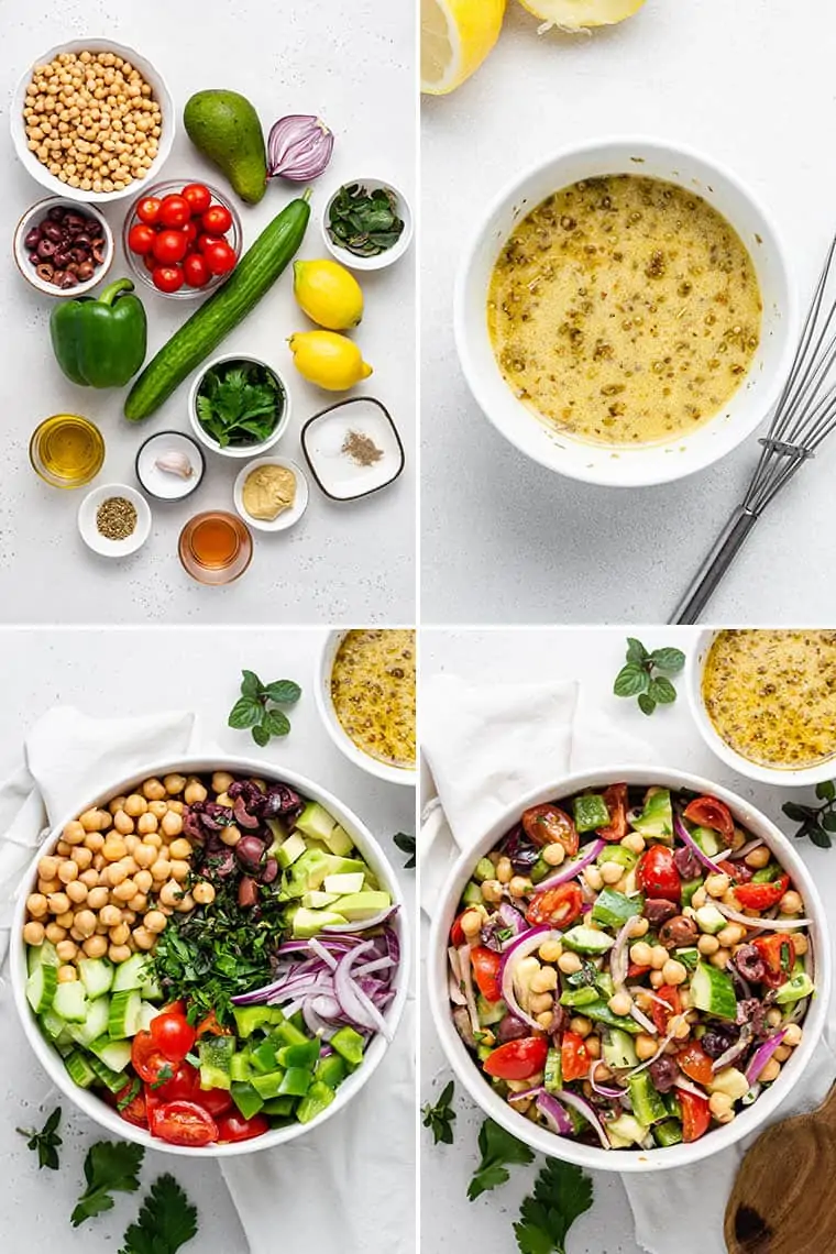 collage of four steps to make greek chickpea salad
