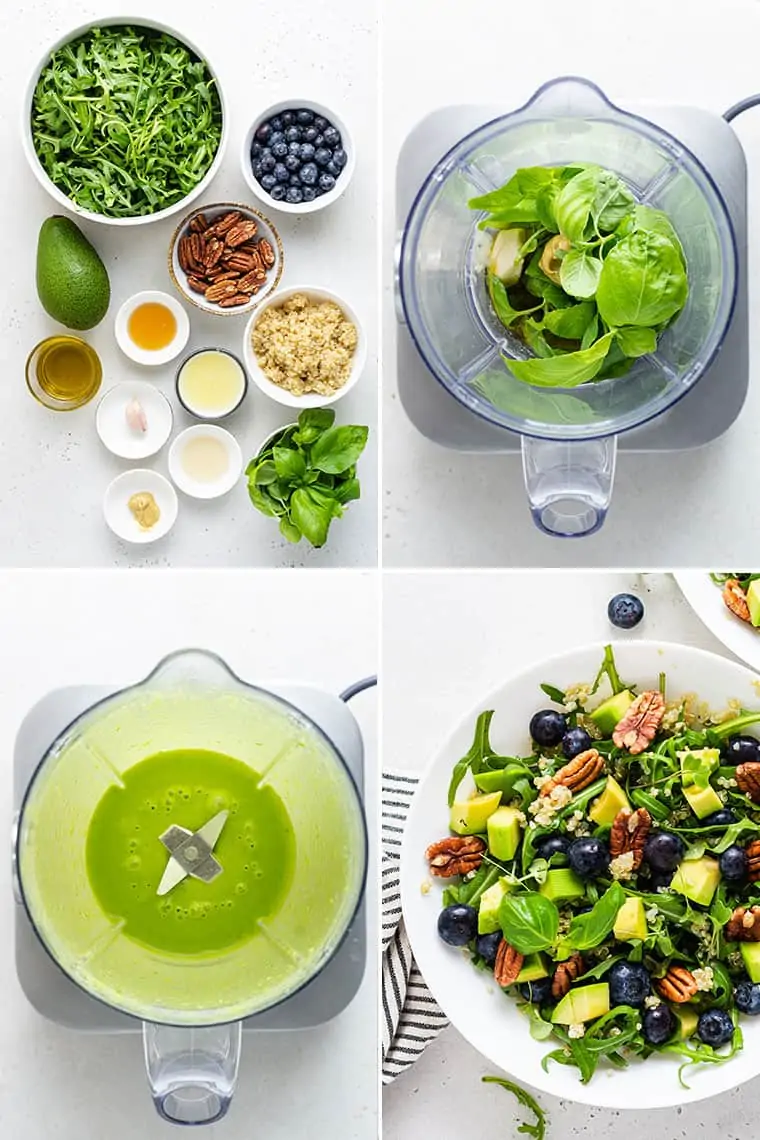 collage of the steps to make salad with green dressing, arugula, avocado, and pecans