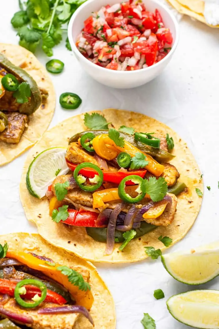 overhead of a fajita made with tempeh and bell peppers