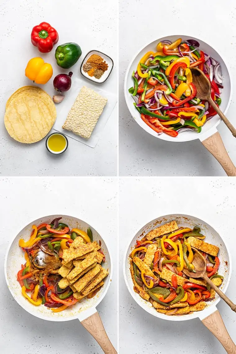 collage of the steps to make vegan fajitas with tempeh and colorful bell peppers