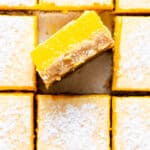 overhead of lemon bars with one turned on its side