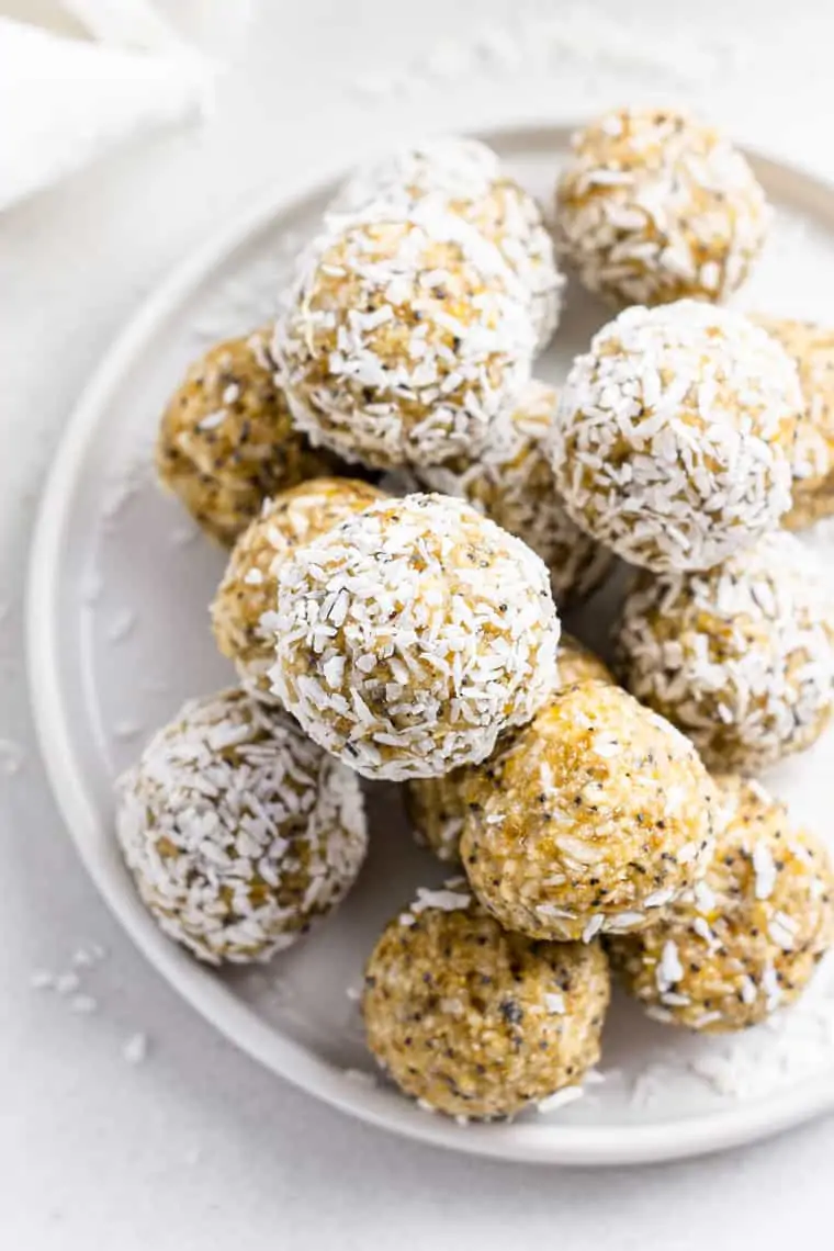 overhead of a stack of poppy and lemon energy balls