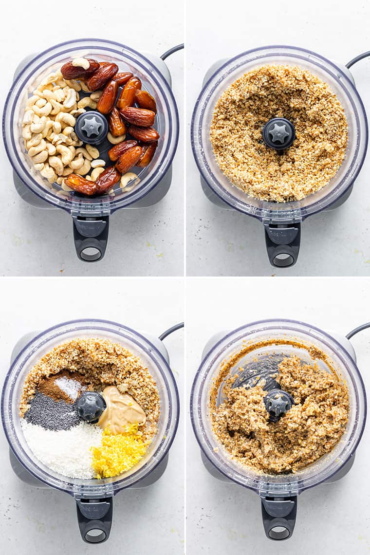 collage of four images of a food processor with the ingredients and steps to make lemon energy bites