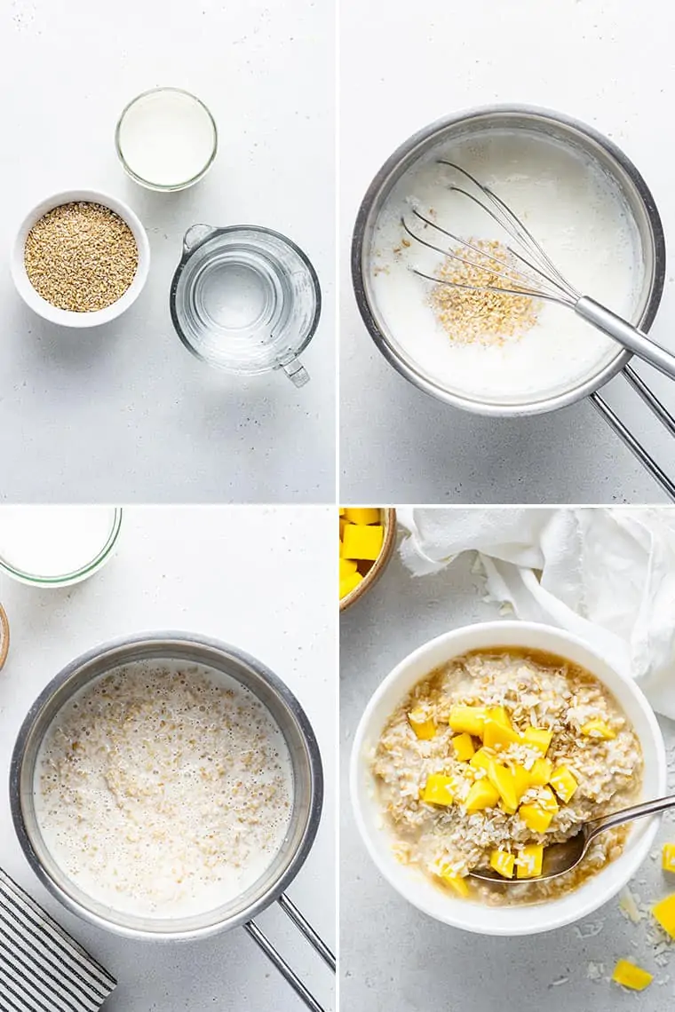 collage of the steps to make overnight steel cut oats in a mixing bowl