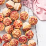 overhead shot of mini muffins with peanut butter and jelly on top