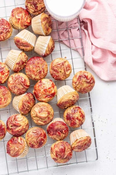 overhead shot of mini muffins with peanut butter and jelly on top