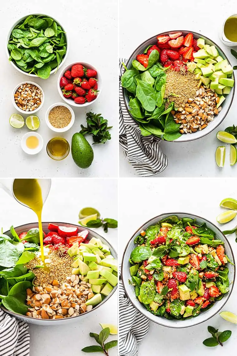 collage of the steps and ingredients to make strawberry salad with spinach