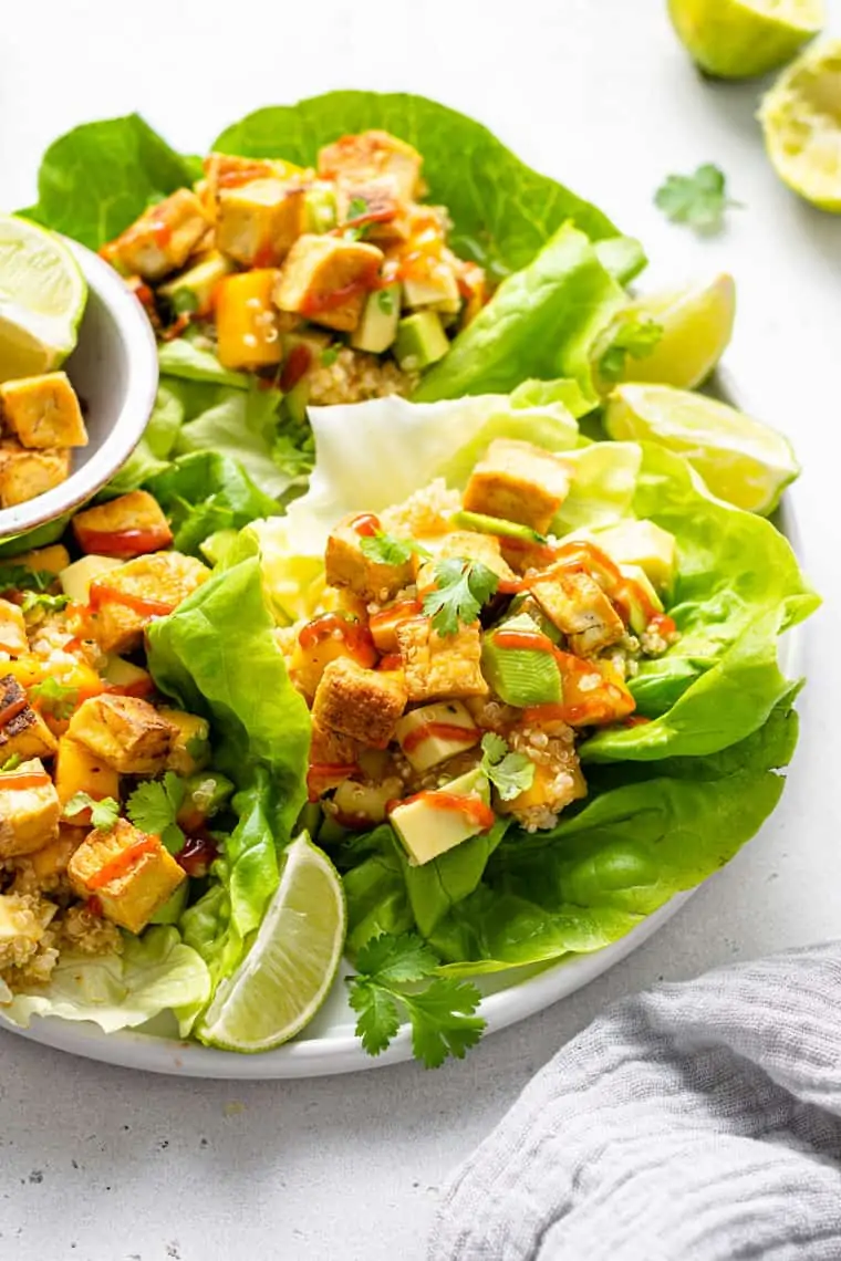 plate with three lettuce leaves with quinoa and tofu