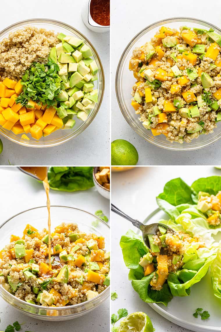 overhead of the steps to make tropical quinoa lettuce wraps with mango