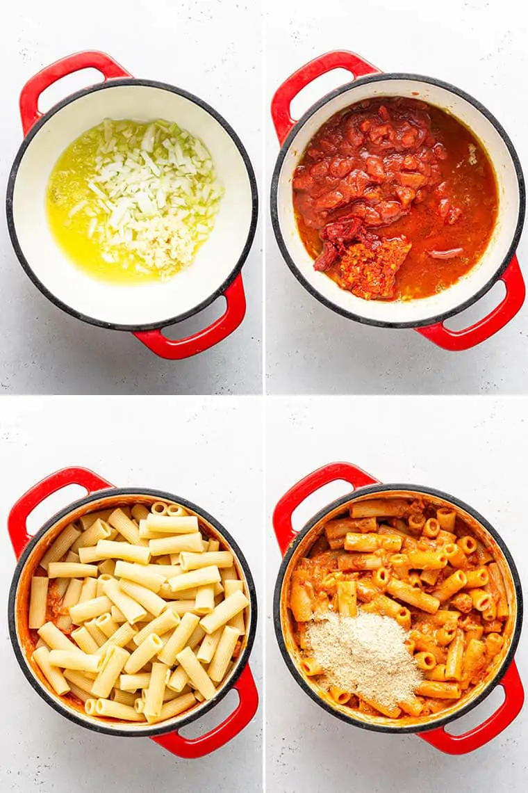 collage of the steps to make vegan vodka sauce recipe