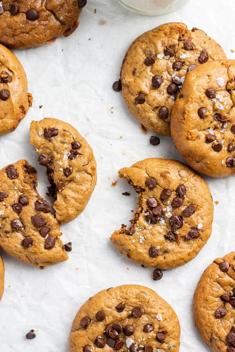 almond butter chocoalte chip cookies with bites taken out