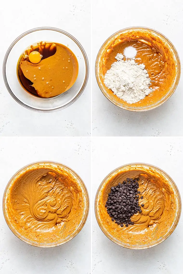 collage of the steps to make almond butter chocoalte chip cookies in a mixng bowl