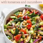 Creamy Avocado Chickpea Salad with Tomatoes and Cucumbers text overlay