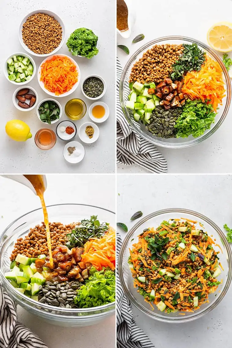 collage of the steps to make curried lentil salad with carrots