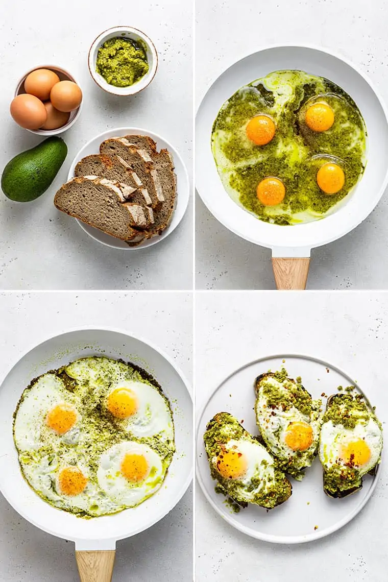 collage of the steps to make pesto eggs in a white skillet