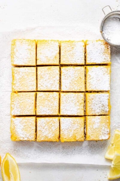 overhead of healthy lemon bars cut into squares