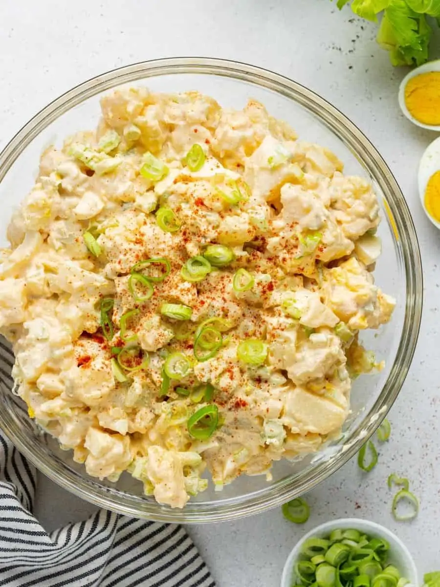 overhead image of healthy potato salad in a bowl