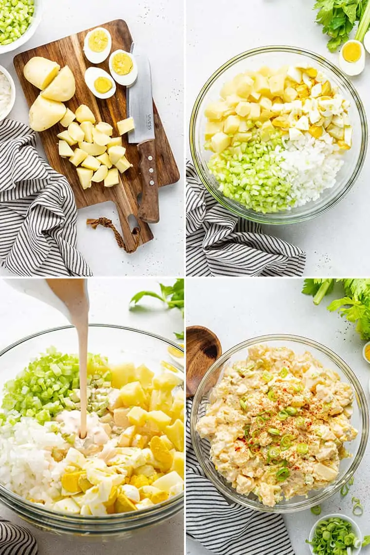 collage of the steps to make healthy potato salad with eggs