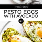 pesto eggs with avocado toast text overlay
