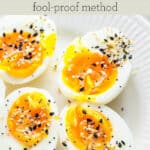soft boiled eggs on white plate text overlay