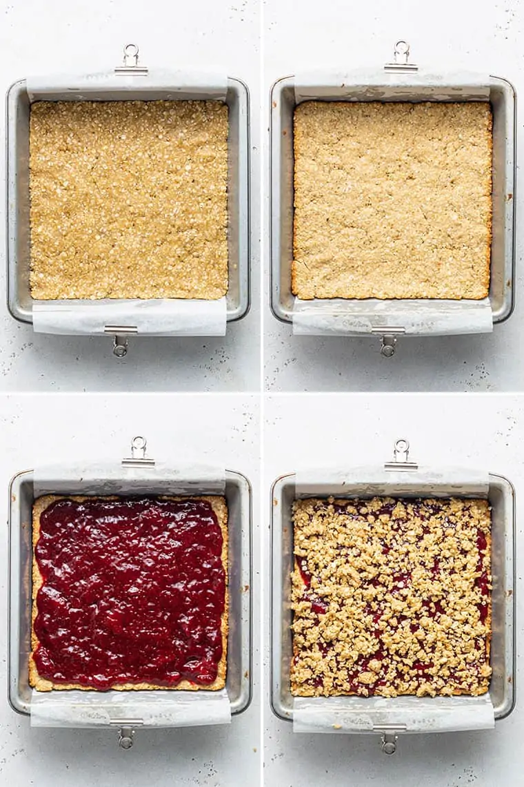 collage of the steps to layer oatmeal and strawberry jam in a baking dish