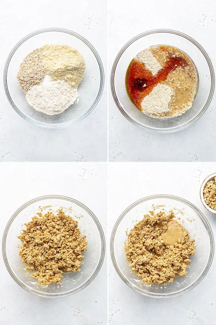 collage of a mixing bowl with the ingredients for oat and strawberry cookies