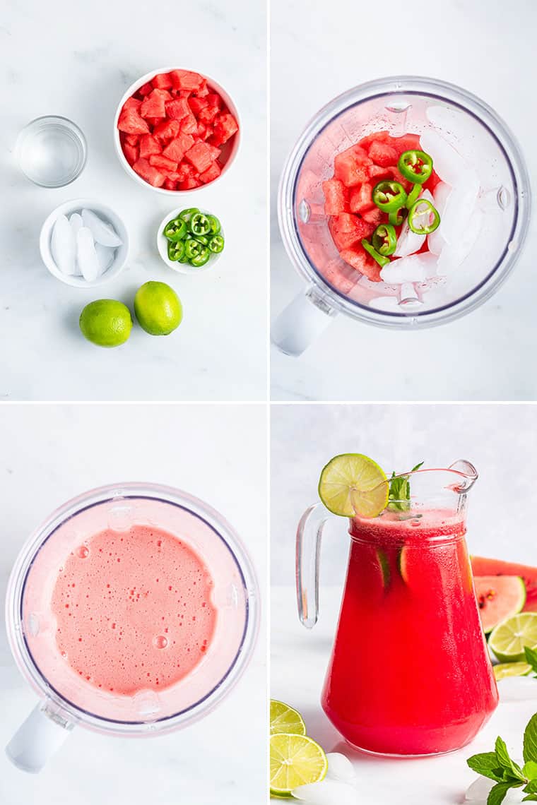collage of the steps to make watermelon margarita with jalapeno and lime juice
