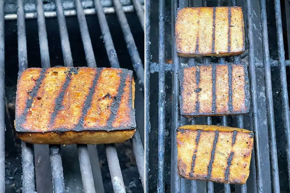 collage of tofu steaks on the grill