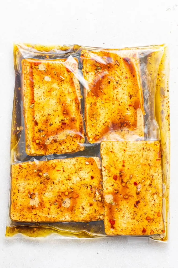 tofu in a bag with balsamic and red pepper marinade