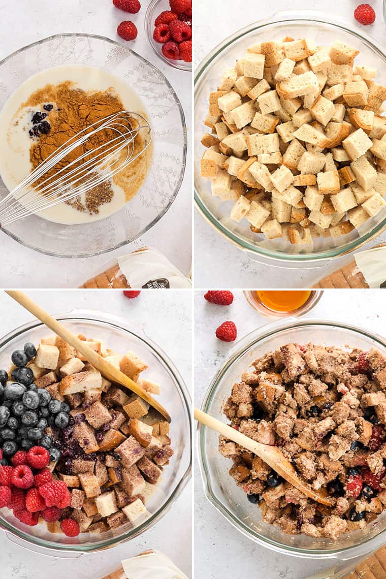 collage of the steps to make french toast muffins in a mixing bowl with gluten free bread