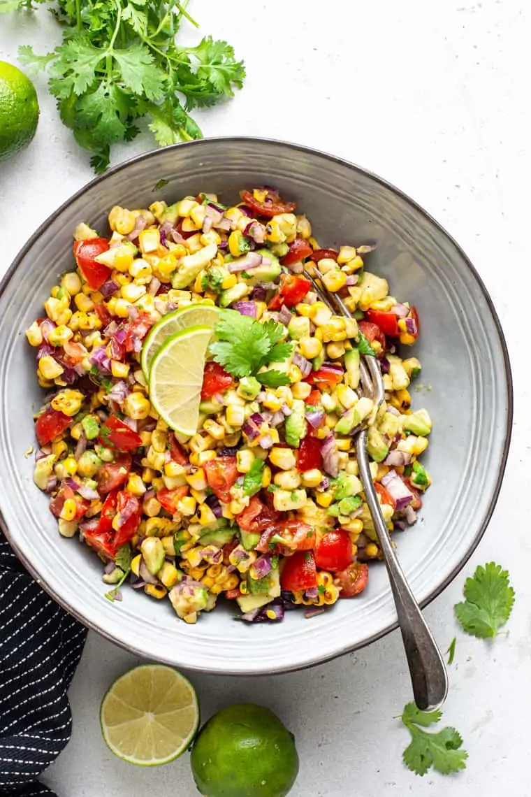 bowl of grilled corn and avocado salsa