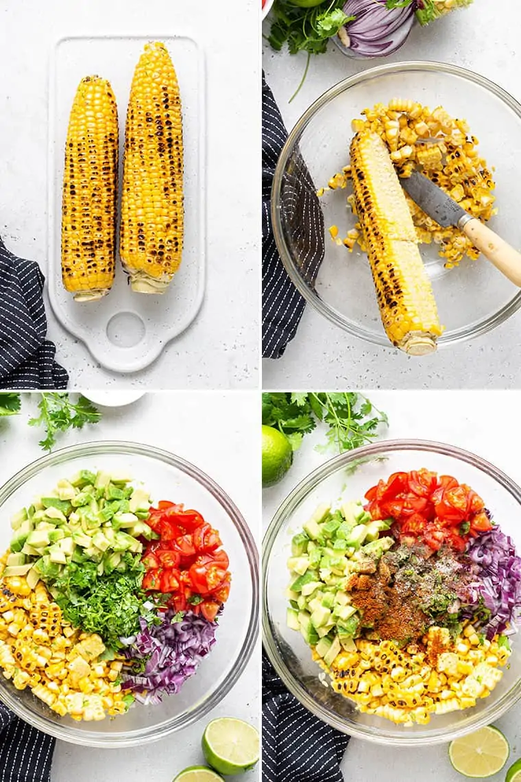collage of the steps to make salsa with grilled corn, avocado and tomatoes