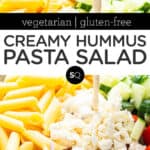 tomato and cucumber hummus pasta salad text overlay collage