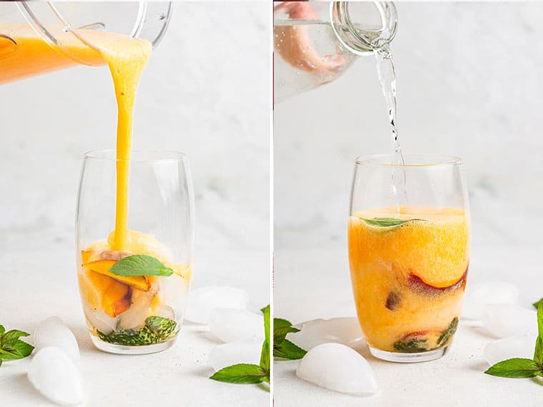 pouring peach juice and sparkling water into a glass for a mojito