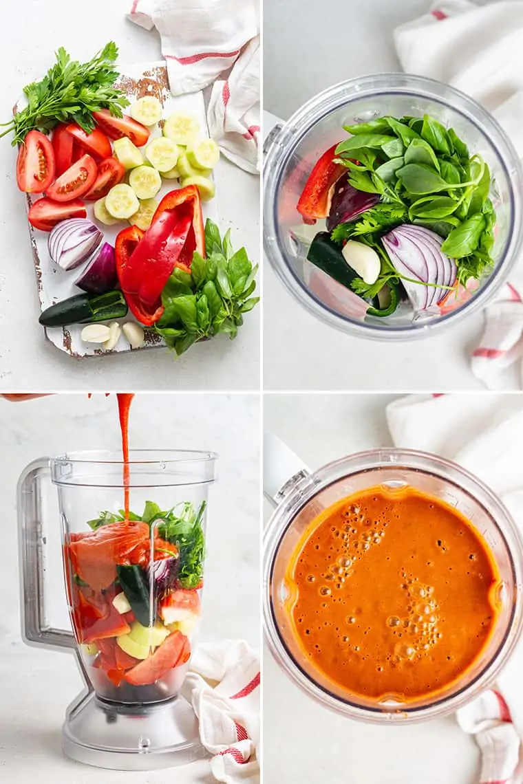 collage of steps to make gazpacho in a blender