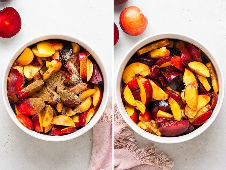 collage of peaches and nectarines with cinnamon in a baking dish