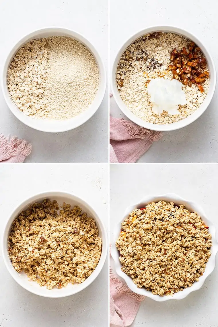 collage of making quinoa topping for a stone fruit crumble dessert