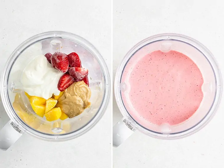 collage of a blender before and after blending a strawberry mango smoothie
