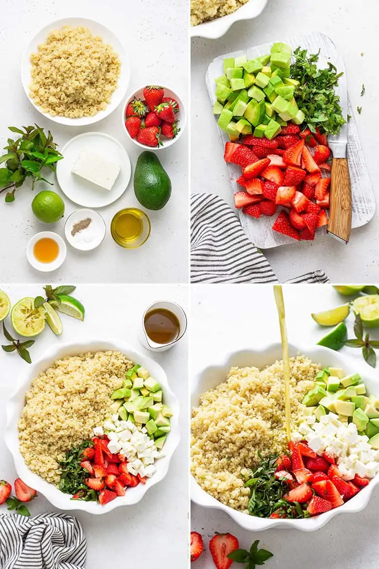 collage of the steps to make healthy strawberry quinoa salad with lime, avocado and mint