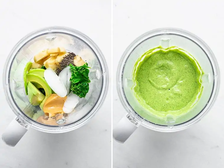 collage of two blenders with the ingredients for the ultimate green smoothie bowl